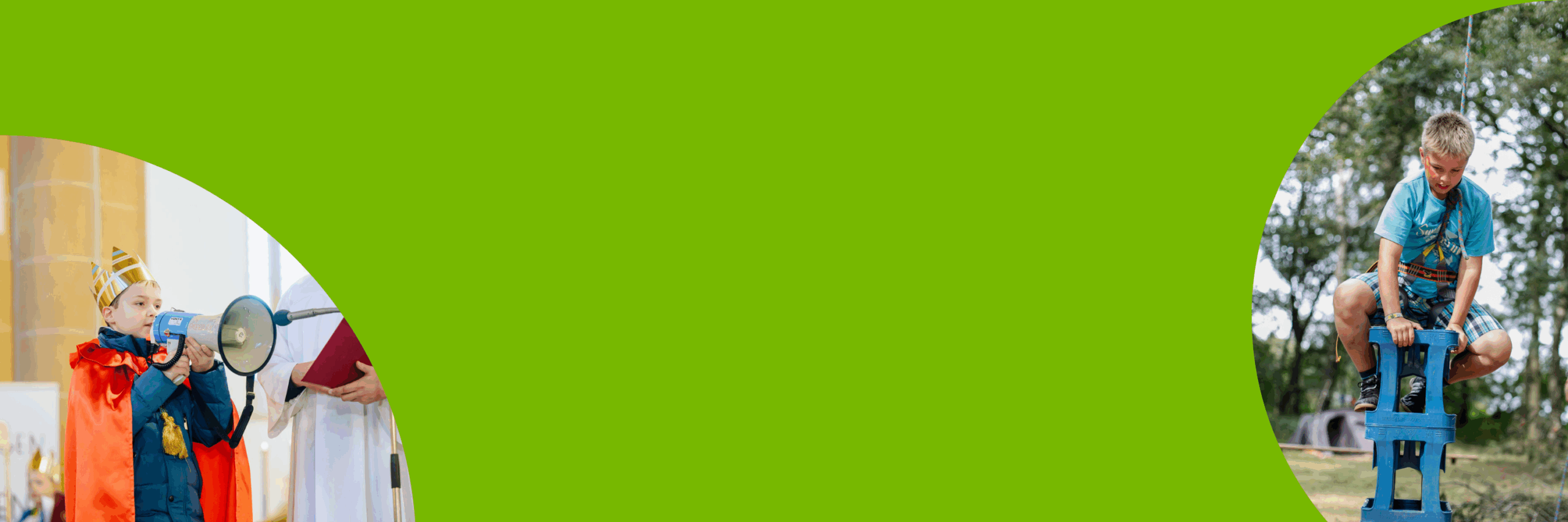 Eindrücke aus der Jugendverbandsarbeit: Ein Kind spricht in ein Megafon. Und ein Kind, dass einen Kletterturm aus Getränkekisten klettert.